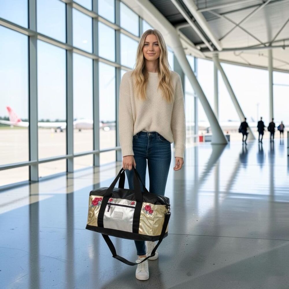 Victoria`s Secret Pink Duffle Bag Silver Gold Roses Tote Travel Weekender Bag NW